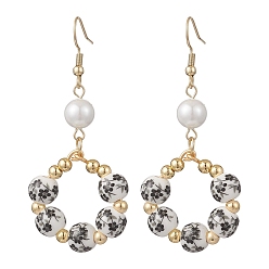 Черный Круглые подвесные серьги из печатного фарфора, с фурнитурой для сережек из стеклянного жемчуга и нержавеющей стали, золотые, чёрные, 304 мм