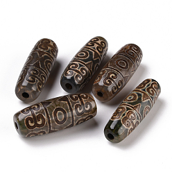 3-Eye Tibetan Style dZi Beads, Natural Agate Beads, Dyed & Heated, Oval, 3-Eye, 28.5~32x10~12.5mm, Hole: 1.5~3mm