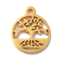 Золотой 304 подвески из нержавеющей стали с ионным покрытием (IP), плоские круглые с деревом рисунком, золотые, 13.5x11.5x1.3 мм, отверстие : 1.4 мм