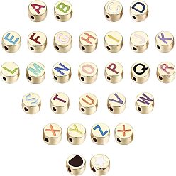 Light Gold Alloy Enamel Beads, Cadmium Free & Lead Free, Flat Round with Initial Letters, Light Gold, Light Gold, 8x4mm, Hole: 1.5mm, 58pcs/box