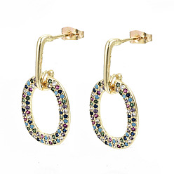 Colorful Brass Micro Pave Cubic Zirconia Dangle Stud Earrings, with Earring Backs, Nickel Free, Oval, Real 16K Gold Plated, Colorful, 31mm, Pin: 0.8mm