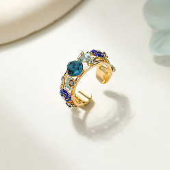 Bleu Acier Bagues ouvertes en laiton et strass, fleur, avec l'émail, or, bleu acier, 15~20mm