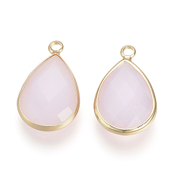 Pink Glass Pendants, with Brass Findings, Faceted, Drop, Light Gold, Pink, 22x13.5x6mm, Hole: 1.8~2.3mm