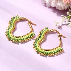 Lime Green Glass Seed Hoop Earrings for Women, Heart, 201 Stainless Steel Hoop Earrings, Golden, Lime Green, 32.5x30.5x2.5mm