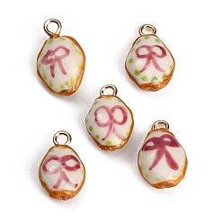 Camellia Handmade Porcelain with Brass Pendants, Oval with Bowknot Charms, Hand Painted, Famille Rose Porcelain, Golden, Camellia, 20.5x13~13.5x7~7.5mm, Hole: 3mm