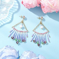 Фиолетовый Треугольные стеклянные серьги-люстры, с цилиндрическими бусинами и фурнитурой для сережек-гвоздиков из нержавеющей стали, золотые, фиолетовые, 77.5x41 мм