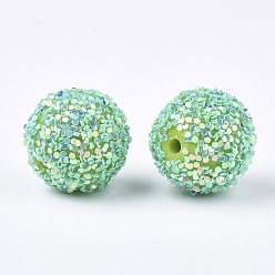 Aquamarine Acrylic Beads, Glitter Beads,with Sequins/Paillette, Round, Aquamarine, 19.5~20x19mm, Hole: 2.5mm