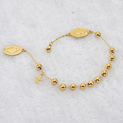 Настоящее золото 18K 304 из нержавеющей стали шарм браслеты, круглые браслеты из бисера для женщин, святой бенедикт и крест, реальный 18 k позолоченный, 8-1/4 дюйм (21 см)
