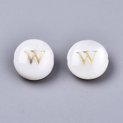Letter W Natural Freshwater Shell Beads, with Golden Plated Brass Etched Metal Embellishments, Flat Round, Seashell Color, Letter.W, 8x3~5mm, Hole: 0.5~07mm