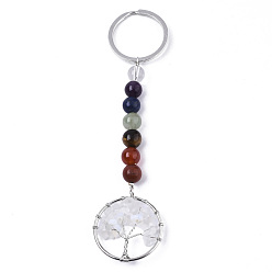 Opalite Opalite Chips Chakra Keychain, with Platinum Plated Stainless Steel Split Key Rings and Mixed Stone Round Beads, Flat Round with Tree of Life, 122mm