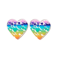 Colorful Printed Transparent Acrylic Pendants, Heart with Heart Pattern, Colorful, 39x39.5x2.5~2.8mm, Hole: 2mm