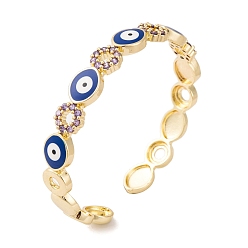Evil Eye Brass Pave Cubic Zirconia Open Cuff Bangles for Women, with Enamel, Real 18K Gold Plated, Evil Eye, Inner Diameter: 2-1/4 inch(5.6cm), 9mm