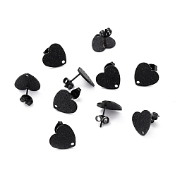 Черный 304 Фурнитура для сережек-гвоздиков из нержавеющей стали с ионным покрытием (IP), с уха орехов, текстурированное сердце, электрофорез черный, 12x13 мм, отверстие : 1.5 мм, штифты : 0.7 мм