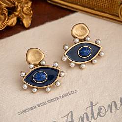 Полуночно-синий Серьги-гвоздики из сплава с глазом, эмалью и натуральным лазуритом, золотые, темно-синий, 30x29 мм
