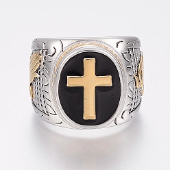 Mixed Color 304 Stainless Steel Finger Rings, with Enamel, Wide Band Rings, Cross, Mixed Color, 17~22mm