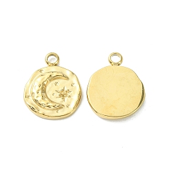Настоящее золото 14K 304 Настройки горный хрусталь из нержавеющей стали кулон, Плоский круглый с луной и звездой, реальный 14 k позолоченный, пригодный для стразов 1.4 мм, 19x15x2.8 мм, отверстие : 2.3 мм