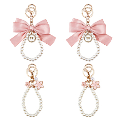 Pink 4Pcs 2 Styles Alloy Enamel Flower & Cloth Bowknot Pendant Keychains, with Plastic Imitation Pearl Bead, Pink, 149~160mm, 2pcs/style