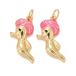 Настоящее золото 18K Подвески из латуни с эмалью в стойку, с прыжковых колец, без кадмия, без свинца и без никеля, морской конек, реальный 18 k позолоченный, 22x13x3 мм, отверстие : 3.4 мм