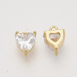 Clear Valentine's Day Brass Charms, with Cubic Zirconia, Nickel Free, Heart, Real 18K Gold Plated, Clear, 7x5x3mm, Hole: 0.9mm