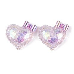 Thistle Transparent Epoxy Resin Heart with Bowknot Decoden Cabochons, with Glitter Powder, Thistle, 24x24.5x8mm