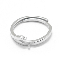 Platinum Anti-Tarnish Adjustable Rhodium Plated 925 Sterling Silver Finger Design Ring Mounts Fittings with Pearl Seat, For Half Drilled Beads, with Cubic Zirconia, Clear, Platinum, Size 6, 16mm, Pin: 0.85mm