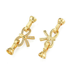 Real 18K Gold Plated Brass Micro Pave Clear Cubic Zirconia Fold Over Clasps, Nickel Free, Bowknot, Real 18K Gold Plated, 38mm, Clasp: 13.5x7.5x6.5mm, Inner Diameter: 4mm, Hole: 1.2mm, Bowknot: 13x19x2mm