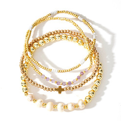 Аметист 4Шт. браслеты из натуральных аметистов, CCB и стеклянных круглых бусин для женщин, с имитацией жемчуга, внутренний диаметр: 6-1/2 дюйм (16.5 см) ~ 6-7/8 дюйм (17.5 см)