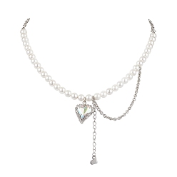 Platinum Heart Glass Rhinestone Pendant Necklaces, 6mm Pearl Beaded Necklaces, with Iron Rolo Chains, Platinum, 17.91 inch(45.5cm), bead: 6mm