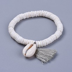 Light Grey Cotton Thread Tassels Charm Bracelets, with Shell Beads and Cowrie Shell Beads, with Burlap Paking Pouches Drawstring Bags, Light Grey, 2 inch(5~5.1cm)