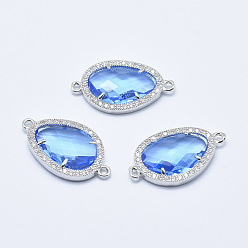 Васильковый Латунные микро проложить кубических ссылки циркония, со стеклом, граненые, слеза, платина, васильковый, 28x16x4.5 мм, отверстие : 1.6 мм