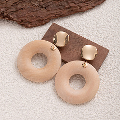 Ring Серьги-гвоздики из дерева и железа, золотые, кольцо, 52x40 мм