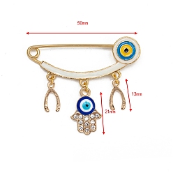 Hamsa Hand Broche à breloques en strass en alliage mauvais œil, avec l'émail, or, Hamsa main, 50mm, pendentif: 13~21 mm