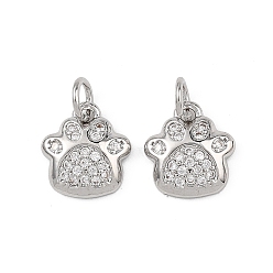 Платина Латунные микропаве прозрачные подвески с фианитом, лапы печатать прелести, платина, 11x10x2.5 мм, Перейти кольцо: 5x1 мм, 3 мм внутренним диаметром