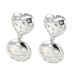 Platinum Hollow Heart Brass Dangle Stud Earrings, Long-Lasting Plated, Cadmium Free & Lead Free, Platinum, 35x18mm