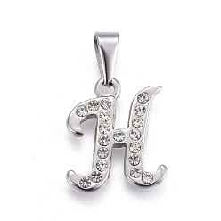 Letter H 304 Stainless Steel Pendants, with Rhinestone, Letter, Letter.H, 19x16.5x2mm, Hole: 3~3.5x7.5~8mm