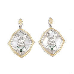 Platine & Or Pendentifs en laiton zircon cubique micro pavé vert, avec coquille naturelle, losange avec breloques lapin, crémaillère plaquage, plaqué longue durée, sans plomb et sans cadmium, platine et d'or, 40mm, Trou: 2x7mm