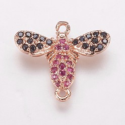 Темно-Розовый Коннекторы, латунь, кубический цирконий, Пчелы, темно-розовыми, 14x16.5x3 мм, отверстие : 1 мм