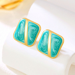 Light Sea Green Brass Enamel Stud Earrings, Square, Golden, Light Sea Green, 15mm