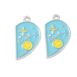 Platinum Alloy Enamel Pendants, Heart with Moon Star Charms, Split Pendants, Platinum, 27x15x1mm, Hole: 1.6mm