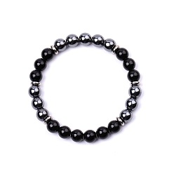Glass Bracelets extensibles en perles rondes de verre et d'hématite synthétique non magnétique pour femmes et hommes, avec 304 inox, 7.28 pouces (18.5 cm) ~7.48 pouces (19 cm)