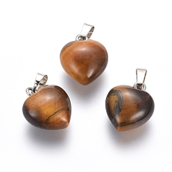 Тигровый глаз Природных тигровый глаз подвески, с латунной фурнитурой платинового цвета, сердце, 18x15x10 мм, отверстие : 5x7 мм