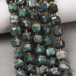 Dioptase Natural Dioptase Beads Strands, Faceted Table Cut Cube Beads, with Seed Beads, 6~7.5x6~7.5x6~7.5mm, Hole: 0.8~1mm, about 44~46pcs/strand, 14.37~15.35''(36.5~39cm)