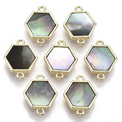 Black Lip Shell Brass Links Connectors, with Black Lip Shell, Nickel Free, Real 18k Gold Plated, Hexagon, 16x12.5x3mm, Hole: 1.2mm