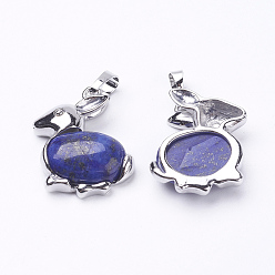 Lapis Lazuli Natural Dyed Lapis Lazuli Bunny Pendants, with Brass Findings, Rabbit, Platinum, 28x23x7mm, Hole: 5x7mm