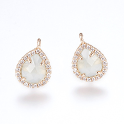 Гейнсборо Латунные серьги-гвоздики из циркония, с петлей, стекло, имитация нефрита, слеза, светло-серые, 16.5 мм, отверстия: 1 мм, штифты: 0.8 мм