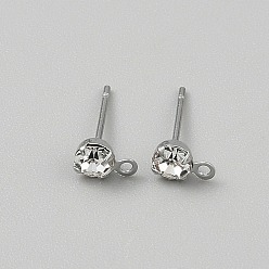 Platino Real Plateado Hallazgos de aretes de bronce, con diamantes de imitación y 925 alfileres de plata esterlina, plano y redondo, Platino verdadero plateado, 6.5x4 mm, agujero: 1 mm, pin: 9.5x0.7 mm