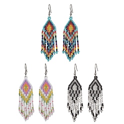 Mixed Color Boho 304 Stainless Steel with Glass Dangle Stud Earring, Rhombus, Mixed Color, 81x26mm, 3pair/set