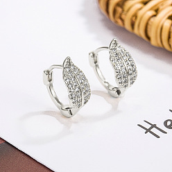 Серебро Серьги-кольца из латуни с прозрачным кубическим цирконием, лист, серебряные, 14.4x6.6 мм