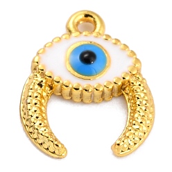 White Golden Brass Enamel Pendants, Long-Lasting Plated, Evil Eye with Ox Horn, White, 11.5x9x2mm, Hole: 1mm