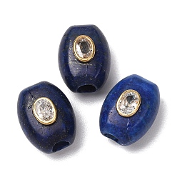Lapis Lazuli Dyed Natural Lapis Lazuli European Beads, Oval Large Hole Beads with Brass Pave Clear Cubic Zirconia Findings, Golden, 20~20.5x15.5x13mm, Hole: 5mm